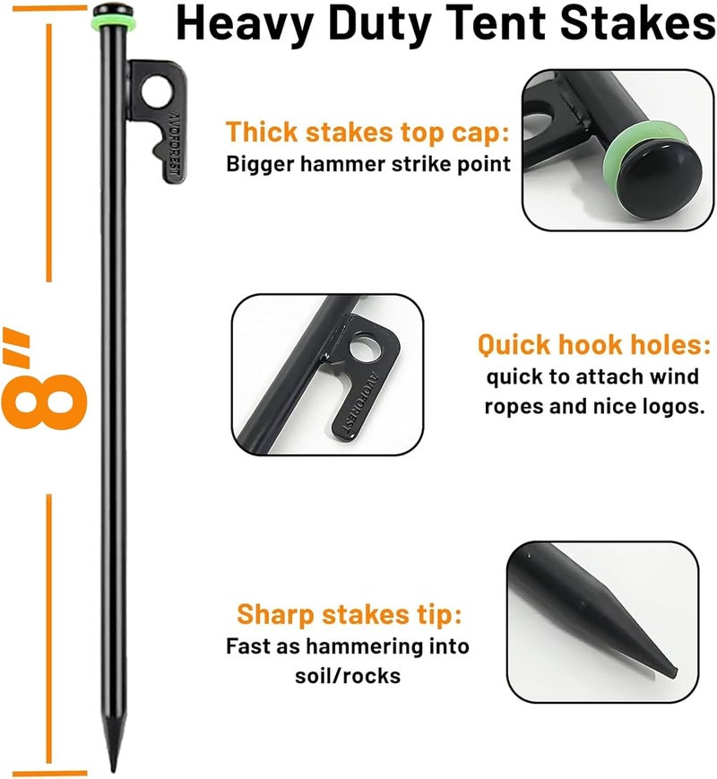 AVOFOREST 8Inch Heavy Duty Tent Stakes,8 PCS Tent Pegs Metal+Fluorescent Silicone Rings+ Storage Bag for Camping - Image 3